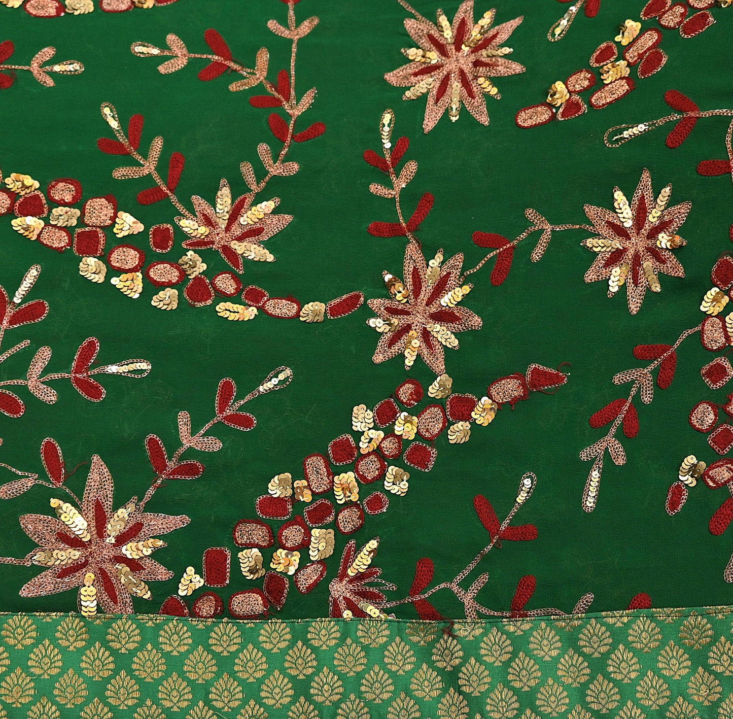 Indian Vintage Heavy Sarees Green & Red Pure Georgette Silk Hand Embroidered Sari Fabric 6Yd Sewing Ethnic Zardozi zari Wedding sarees