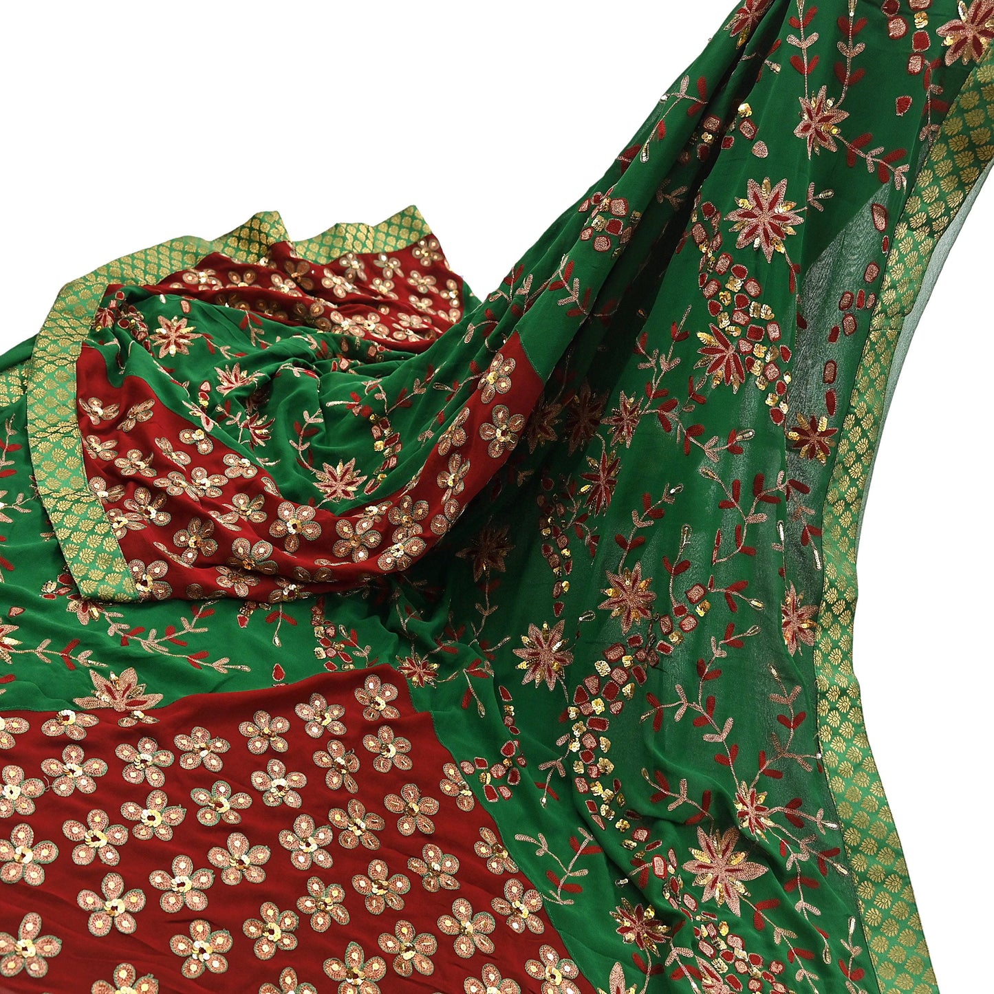 Indian Vintage Heavy Sarees Green & Red Pure Georgette Silk Hand Embroidered Sari Fabric 6Yd Sewing Ethnic Zardozi zari Wedding sarees