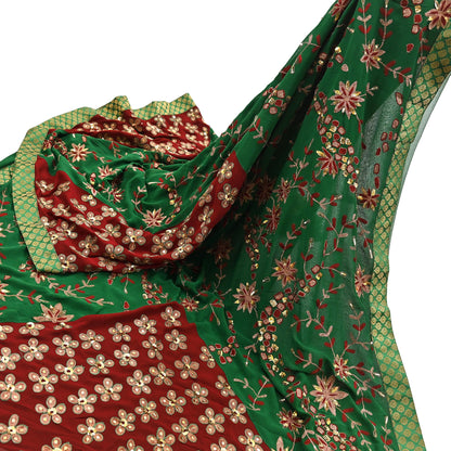 Indian Vintage Heavy Sarees Green & Red Pure Georgette Silk Hand Embroidered Sari Fabric 6Yd Sewing Ethnic Zardozi zari Wedding sarees