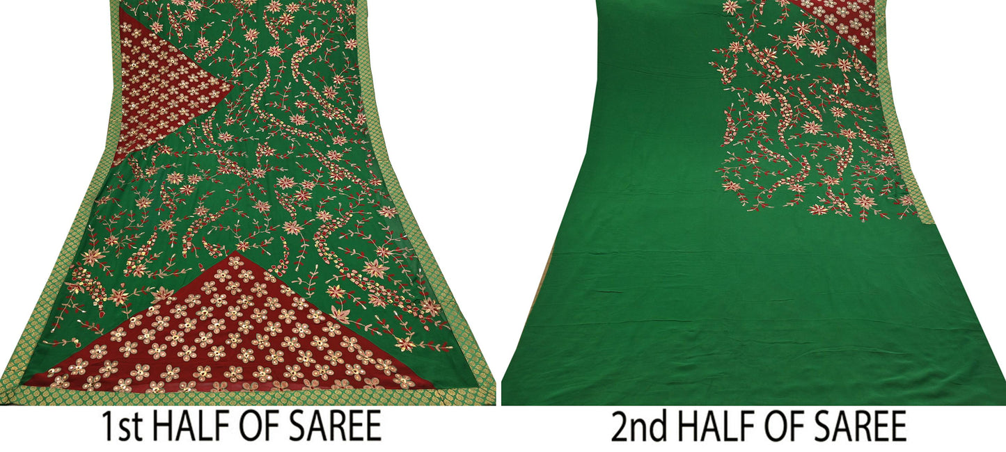Indian Vintage Heavy Sarees Green & Red Pure Georgette Silk Hand Embroidered Sari Fabric 6Yd Sewing Ethnic Zardozi zari Wedding sarees