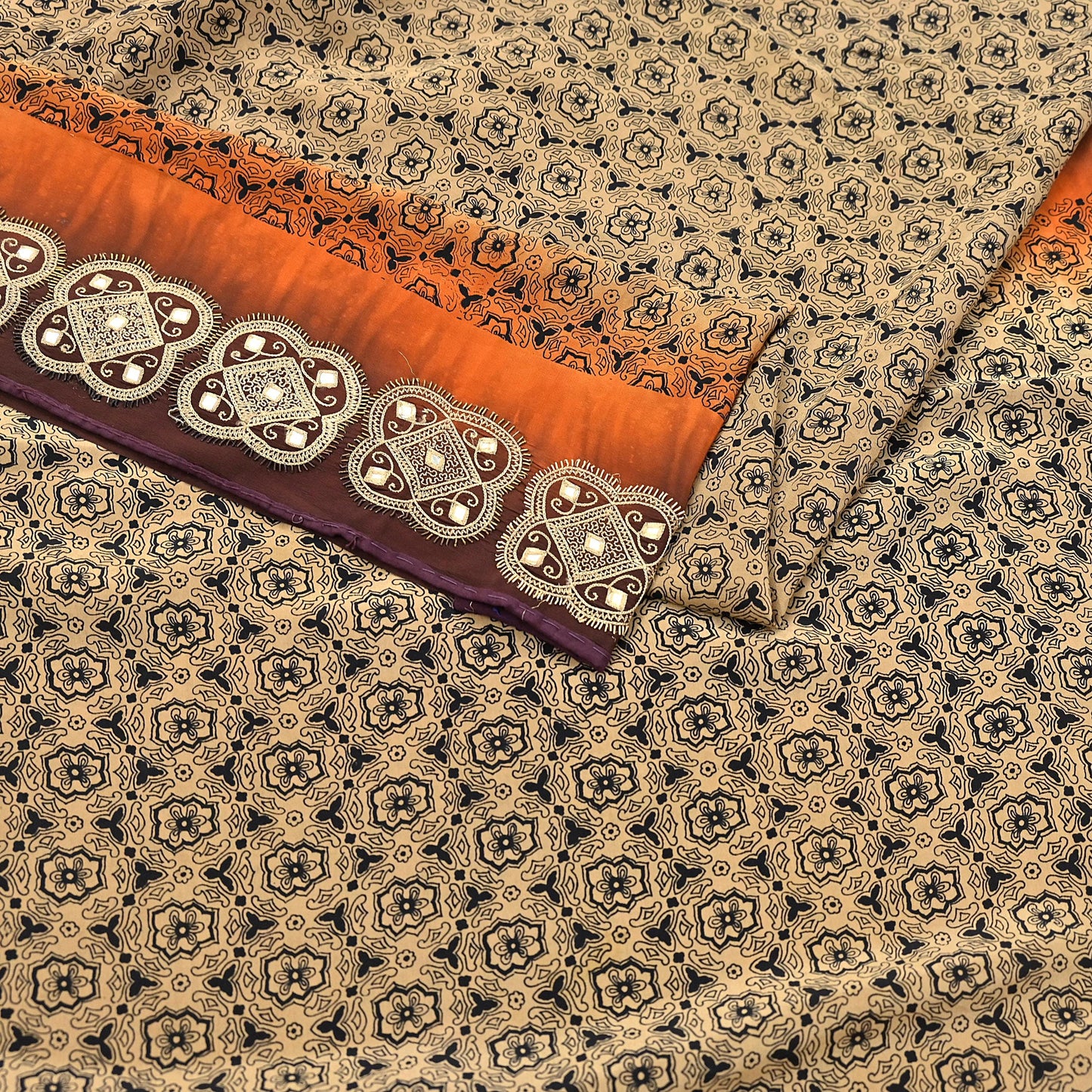 Indian Vintage Sari Beige & Brown Pure Crepe Silk Hand Embroidered Sarees 5yd Sewing Floral Craft Sequins Dress making Crafting Quilting