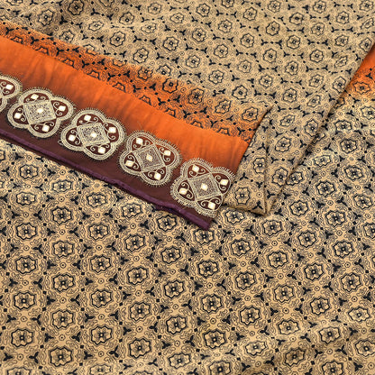 Indian Vintage Sari Beige & Brown Pure Crepe Silk Hand Embroidered Sarees 5yd Sewing Floral Craft Sequins Dress making Crafting Quilting