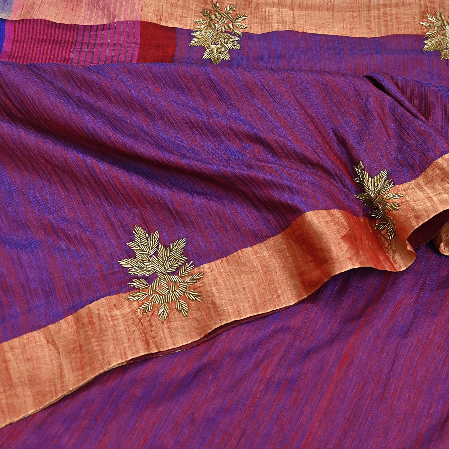 Indian Vintage Blue & Purple Saree Khadi Handloom Hand Embroidered Sari Craft Fabric 6yd Ethnic Fringes Dress making with blouse