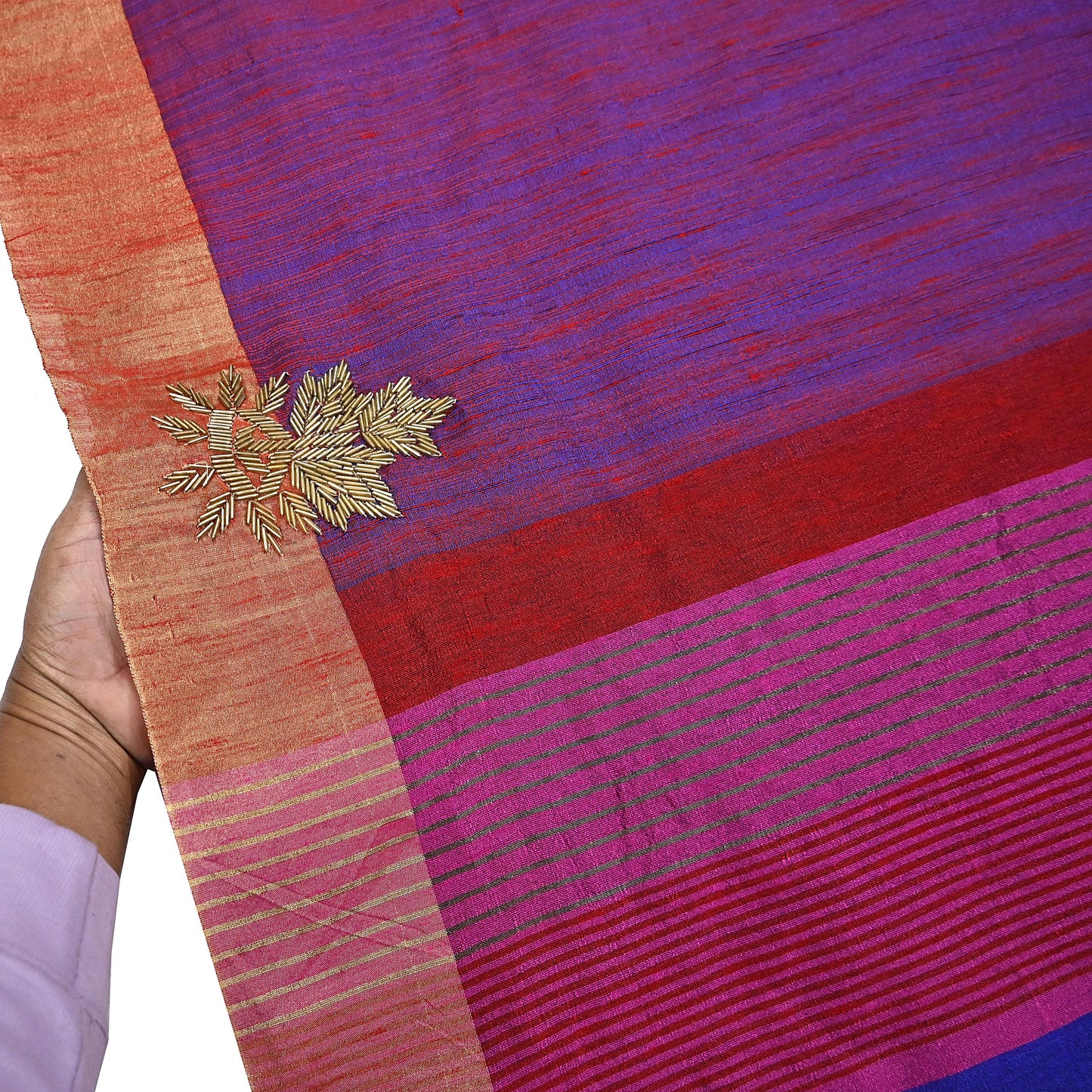 Indian Vintage Blue & Purple Saree Khadi Handloom Hand Embroidered Sari Craft Fabric 6yd Ethnic Fringes Dress making with blouse