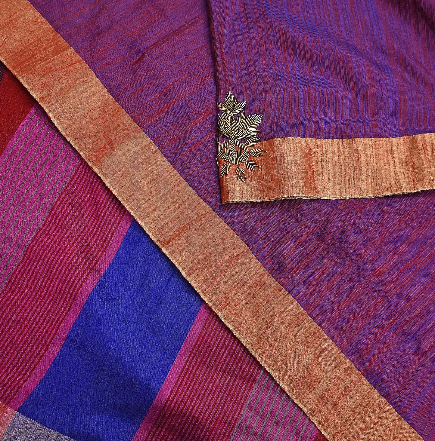 Indian Vintage Blue & Purple Saree Khadi Handloom Hand Embroidered Sari Craft Fabric 6yd Ethnic Fringes Dress making with blouse