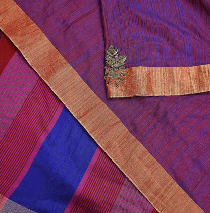 Indian Vintage Blue & Purple Saree Khadi Handloom Hand Embroidered Sari Craft Fabric 6yd Ethnic Fringes Dress making with blouse
