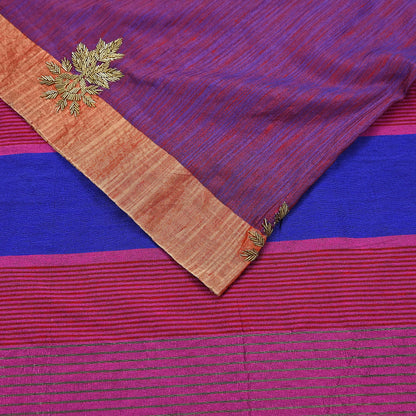 Indian Vintage Blue & Purple Saree Khadi Handloom Hand Embroidered Sari Craft Fabric 6yd Ethnic Fringes Dress making with blouse