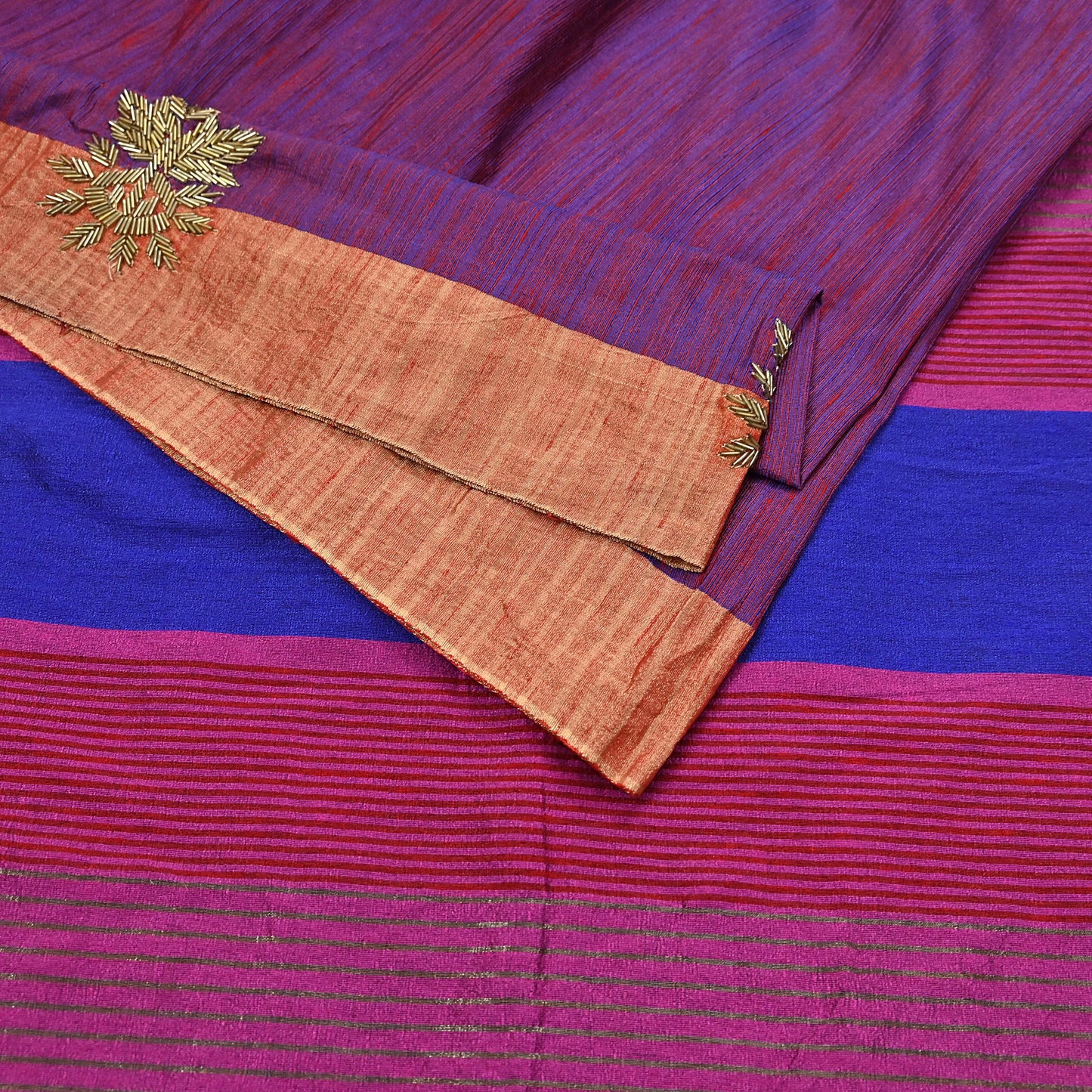 Indian Vintage Blue & Purple Saree Khadi Handloom Hand Embroidered Sari Craft Fabric 6yd Ethnic Fringes Dress making with blouse