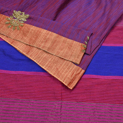 Indian Vintage Blue & Purple Saree Khadi Handloom Hand Embroidered Sari Craft Fabric 6yd Ethnic Fringes Dress making with blouse