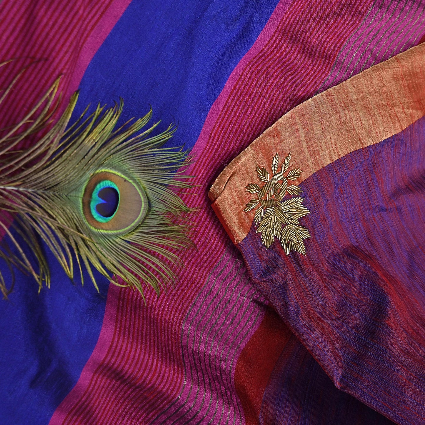 Indian Vintage Blue & Purple Saree Khadi Handloom Hand Embroidered Sari Craft Fabric 6yd Ethnic Fringes Dress making with blouse