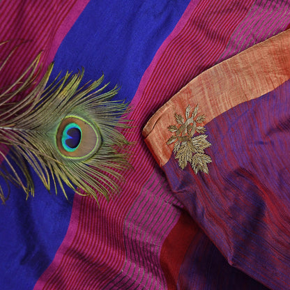 Indian Vintage Blue & Purple Saree Khadi Handloom Hand Embroidered Sari Craft Fabric 6yd Ethnic Fringes Dress making with blouse