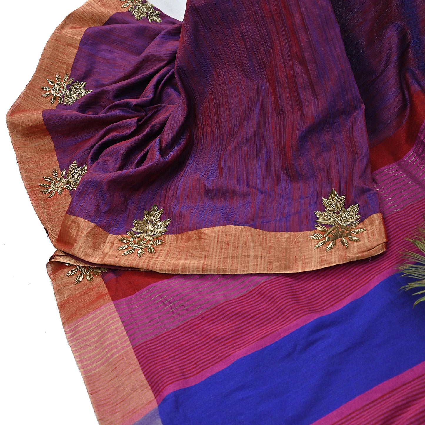 Indian Vintage Blue & Purple Saree Khadi Handloom Hand Embroidered Sari Craft Fabric 6yd Ethnic Fringes Dress making with blouse