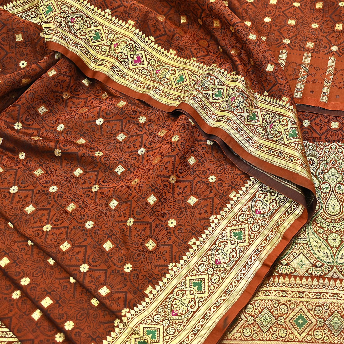 Vintage Rusty Orange Banarasi Silk Saree Pure Satin Silk Handwoven Tanchoi Fabric with Paisley Weave 5 Yard Dressmaking Craft Material