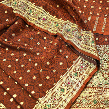Vintage Rusty Orange Banarasi Silk Saree Pure Satin Silk Handwoven Tanchoi Fabric with Paisley Weave 5 Yard Dressmaking Craft Material