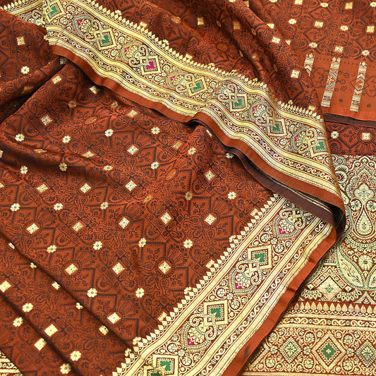 Vintage Rusty Orange Banarasi Silk Saree Pure Satin Silk Handwoven Tanchoi Fabric with Paisley Weave 5 Yard Dressmaking Craft Material