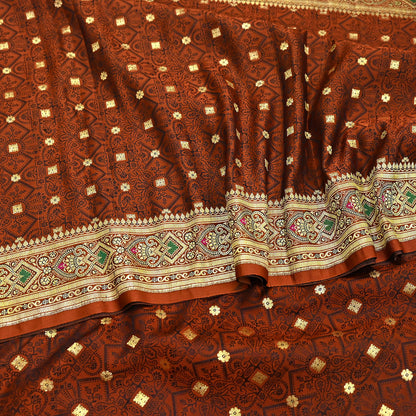 Vintage Rusty Orange Banarasi Silk Saree Pure Satin Silk Handwoven Tanchoi Fabric with Paisley Weave 5 Yard Dressmaking Craft Material