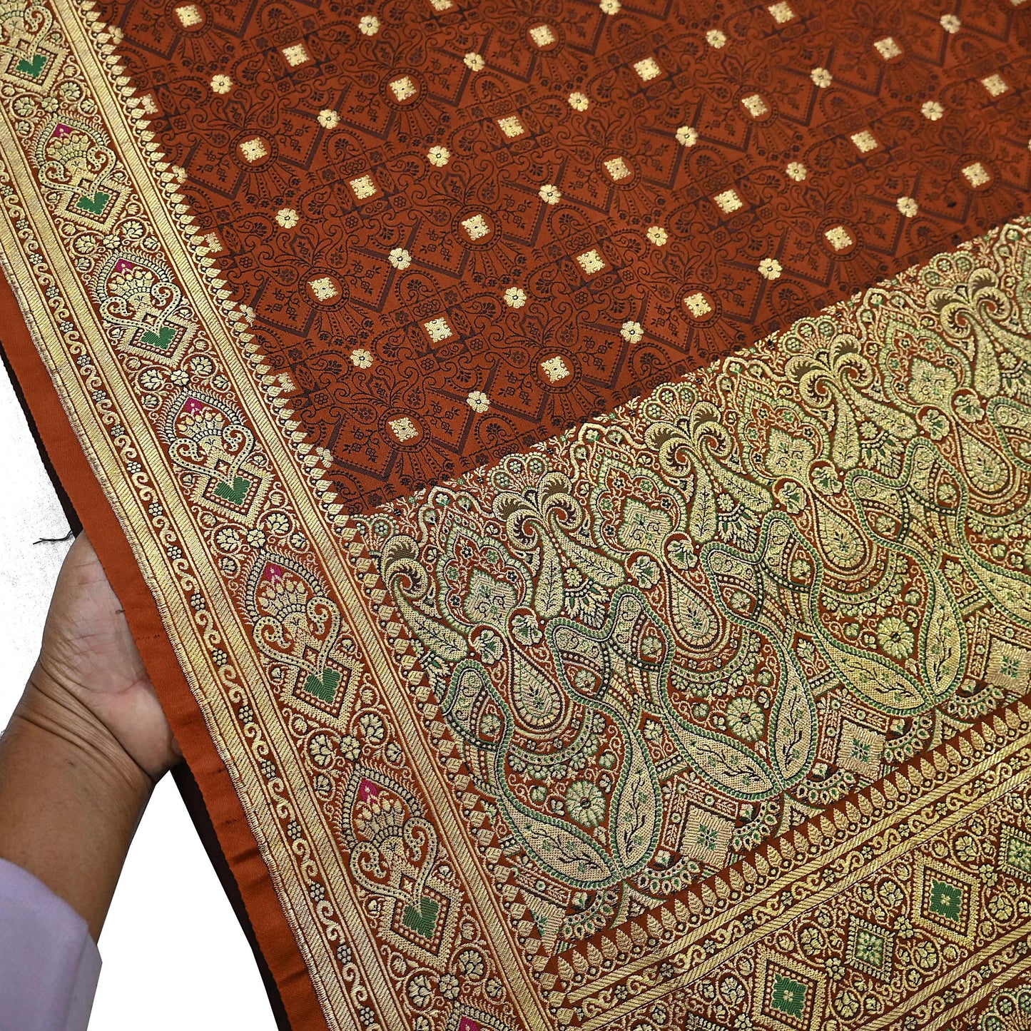 Vintage Rusty Orange Banarasi Silk Saree Pure Satin Silk Handwoven Tanchoi Fabric with Paisley Weave 5 Yard Dressmaking Craft Material