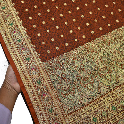 Vintage Rusty Orange Banarasi Silk Saree Pure Satin Silk Handwoven Tanchoi Fabric with Paisley Weave 5 Yard Dressmaking Craft Material