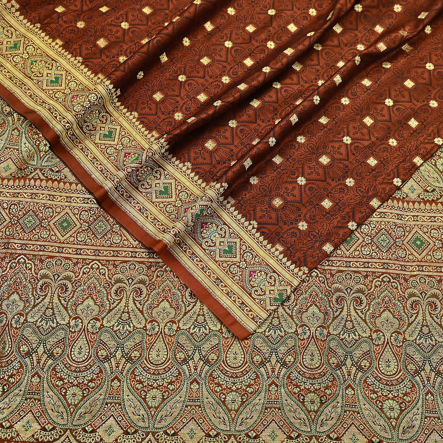 Vintage Rusty Orange Banarasi Silk Saree Pure Satin Silk Handwoven Tanchoi Fabric with Paisley Weave 5 Yard Dressmaking Craft Material