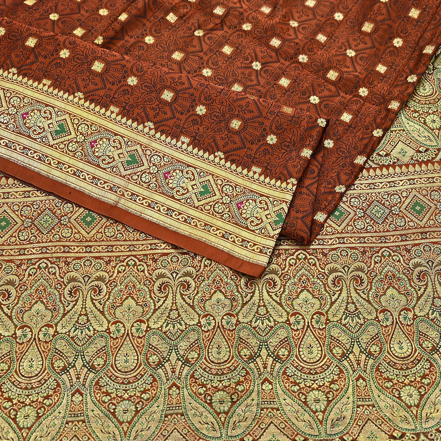 Vintage Rusty Orange Banarasi Silk Saree Pure Satin Silk Handwoven Tanchoi Fabric with Paisley Weave 5 Yard Dressmaking Craft Material