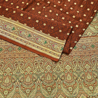 Vintage Rusty Orange Banarasi Silk Saree Pure Satin Silk Handwoven Tanchoi Fabric with Paisley Weave 5 Yard Dressmaking Craft Material