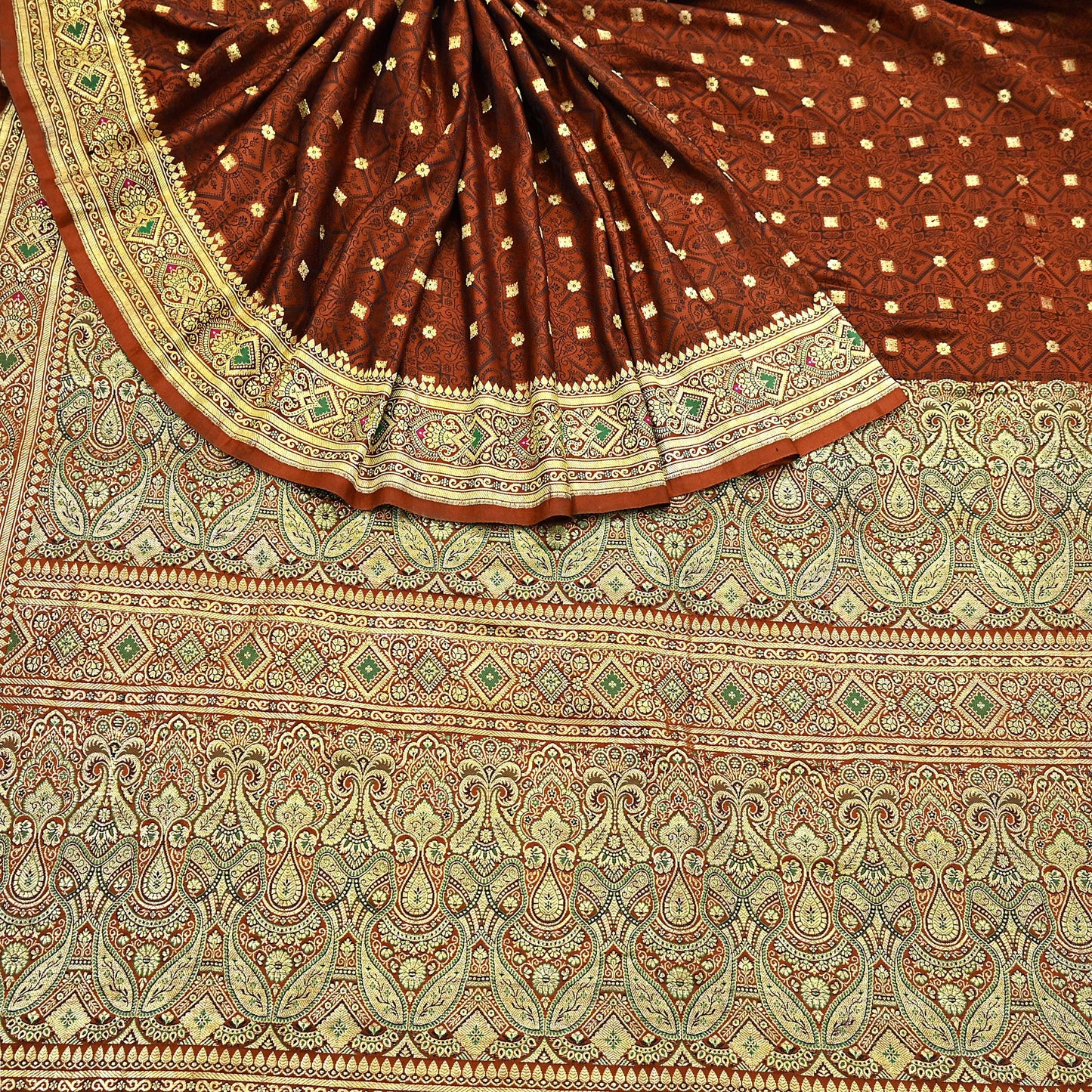 Vintage Rusty Orange Banarasi Silk Saree Pure Satin Silk Handwoven Tanchoi Fabric with Paisley Weave 5 Yard Dressmaking Craft Material