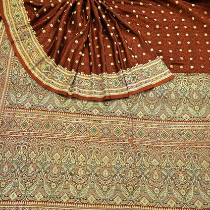 Vintage Rusty Orange Banarasi Silk Saree Pure Satin Silk Handwoven Tanchoi Fabric with Paisley Weave 5 Yard Dressmaking Craft Material