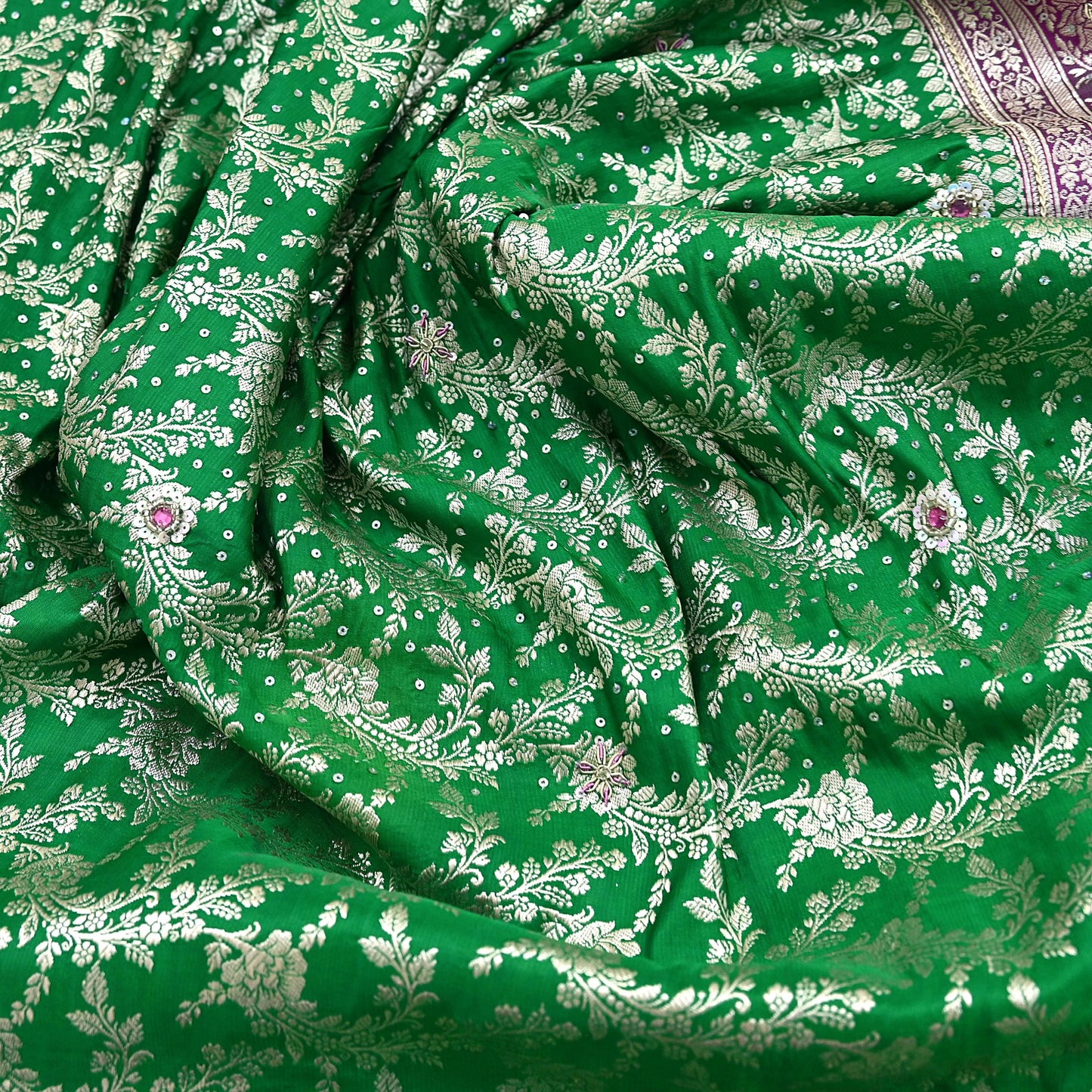 Indian Vintage Heavy Wedding Banarasi Sari 5 Yards Pure Satin Silk Hand-Embroidered Zari, Work Brocade Craft Fabric for Dressmaking