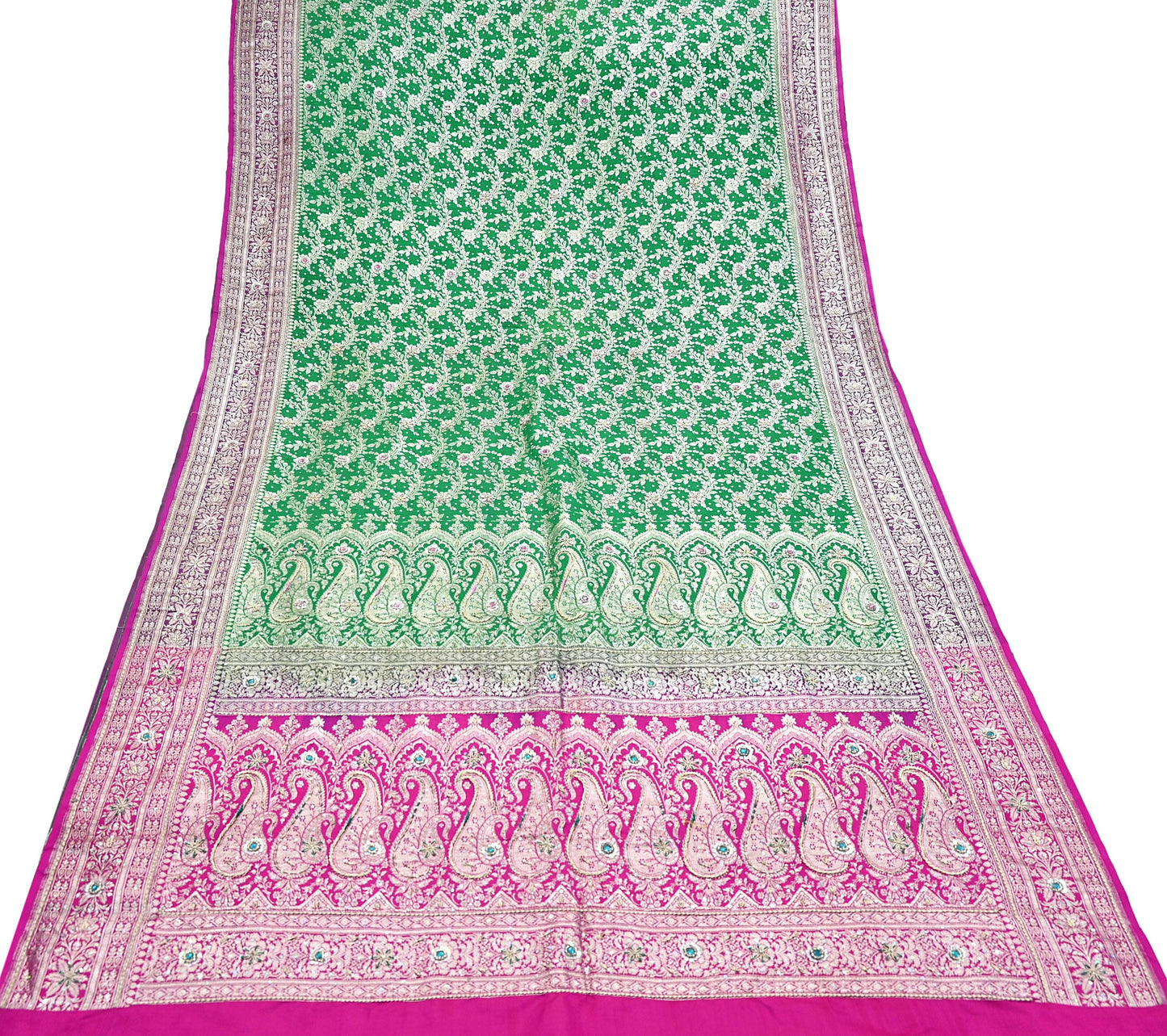 Indian Vintage Heavy Wedding Banarasi Sari 5 Yards Pure Satin Silk Hand-Embroidered Zari, Work Brocade Craft Fabric for Dressmaking