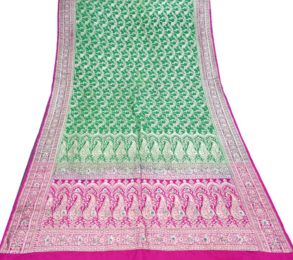 Indian Vintage Heavy Wedding Banarasi Sari 5 Yards Pure Satin Silk Hand-Embroidered Zari, Work Brocade Craft Fabric for Dressmaking