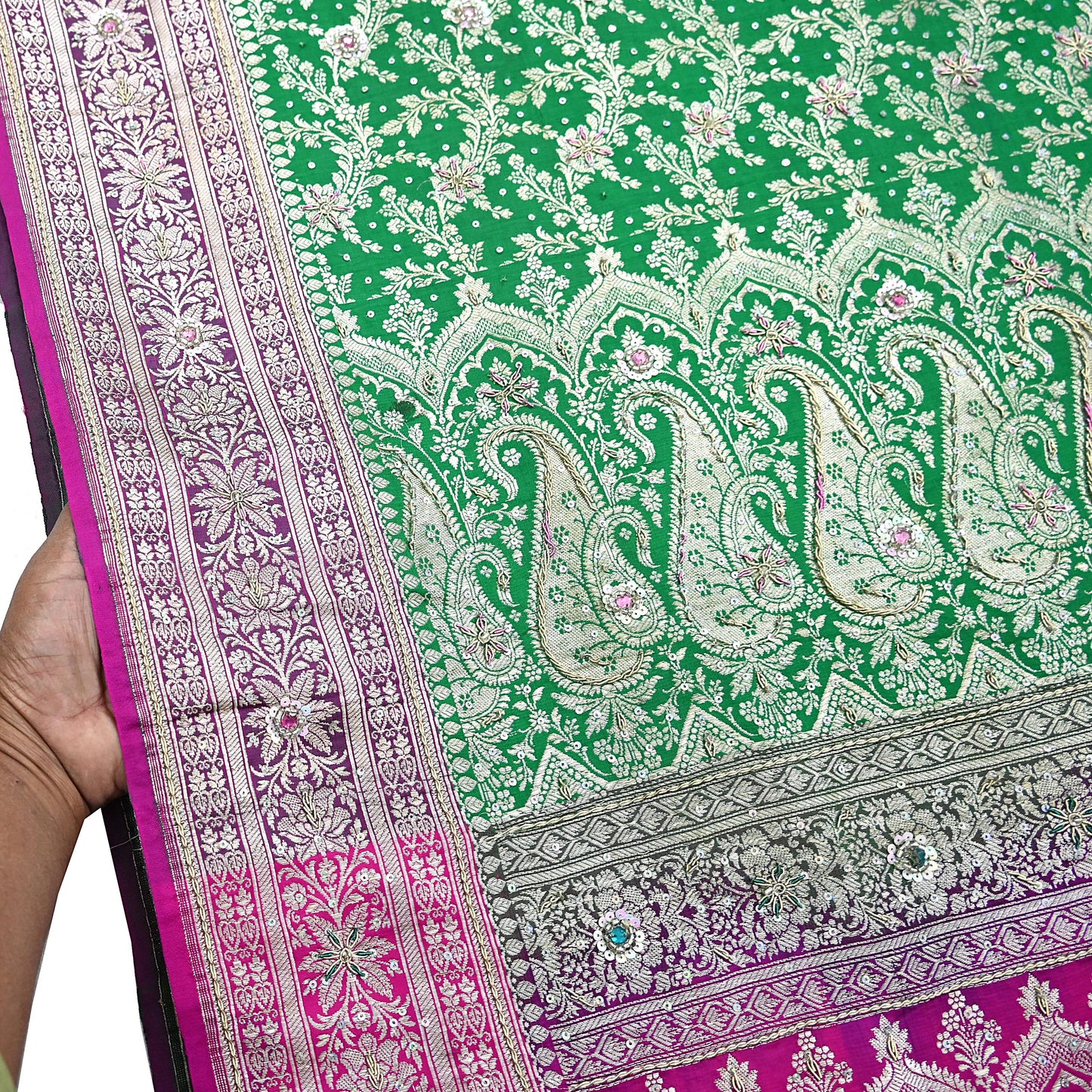 Indian Vintage Heavy Wedding Banarasi Sari 5 Yards Pure Satin Silk Hand-Embroidered Zari, Work Brocade Craft Fabric for Dressmaking
