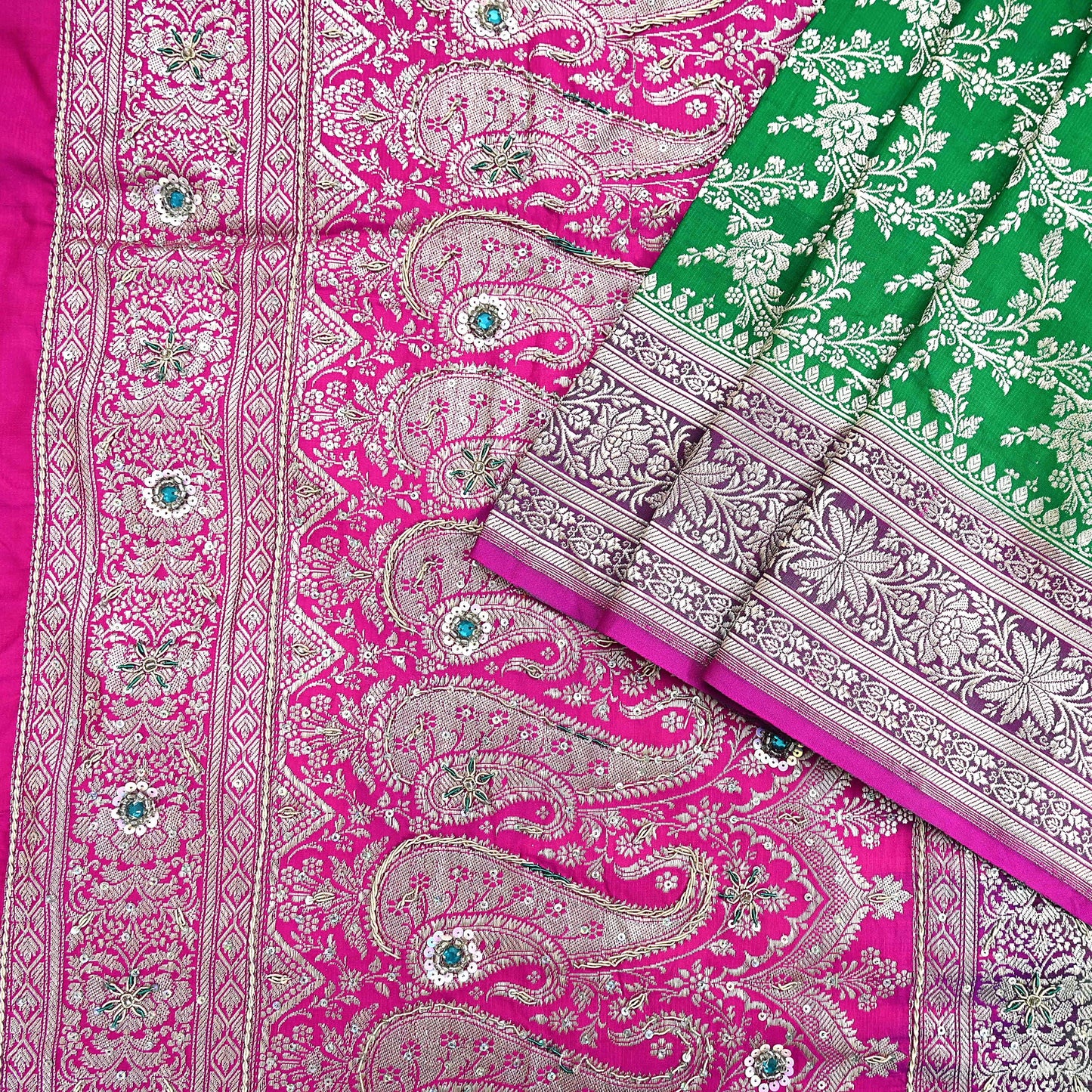 Indian Vintage Heavy Wedding Banarasi Sari 5 Yards Pure Satin Silk Hand-Embroidered Zari, Work Brocade Craft Fabric for Dressmaking