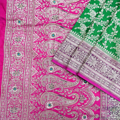Indian Vintage Heavy Wedding Banarasi Sari 5 Yards Pure Satin Silk Hand-Embroidered Zari, Work Brocade Craft Fabric for Dressmaking