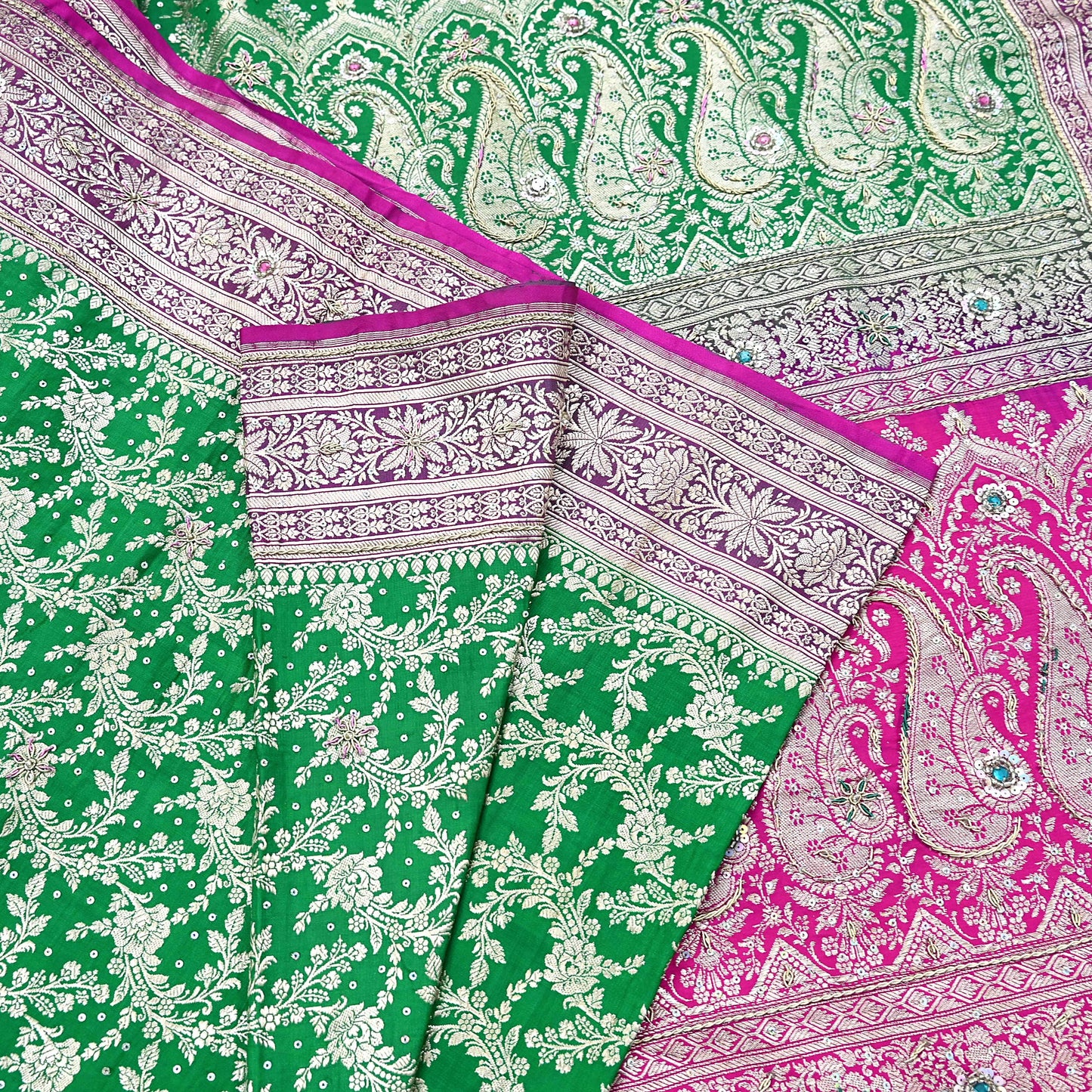 Indian Vintage Heavy Wedding Banarasi Sari 5 Yards Pure Satin Silk Hand-Embroidered Zari, Work Brocade Craft Fabric for Dressmaking