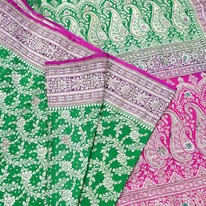 Indian Vintage Heavy Wedding Banarasi Sari 5 Yards Pure Satin Silk Hand-Embroidered Zari, Work Brocade Craft Fabric for Dressmaking