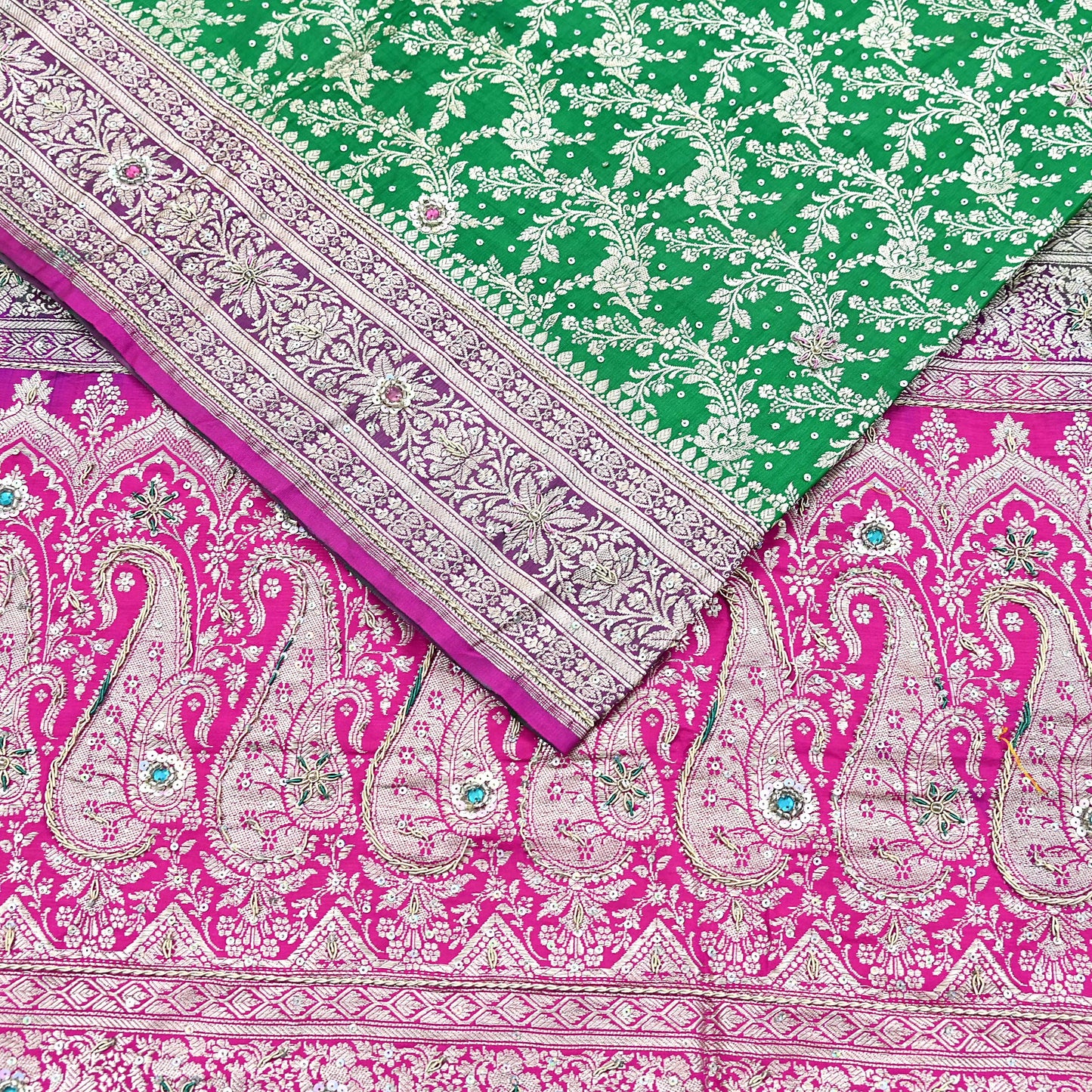 Indian Vintage Heavy Wedding Banarasi Sari 5 Yards Pure Satin Silk Hand-Embroidered Zari, Work Brocade Craft Fabric for Dressmaking