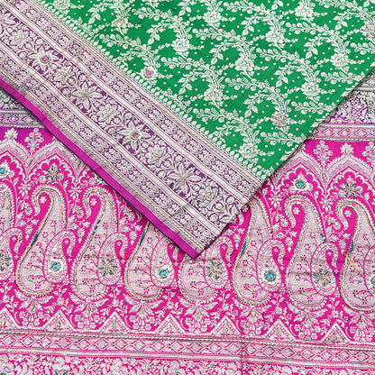 Indian Vintage Heavy Wedding Banarasi Sari 5 Yards Pure Satin Silk Hand-Embroidered Zari, Work Brocade Craft Fabric for Dressmaking