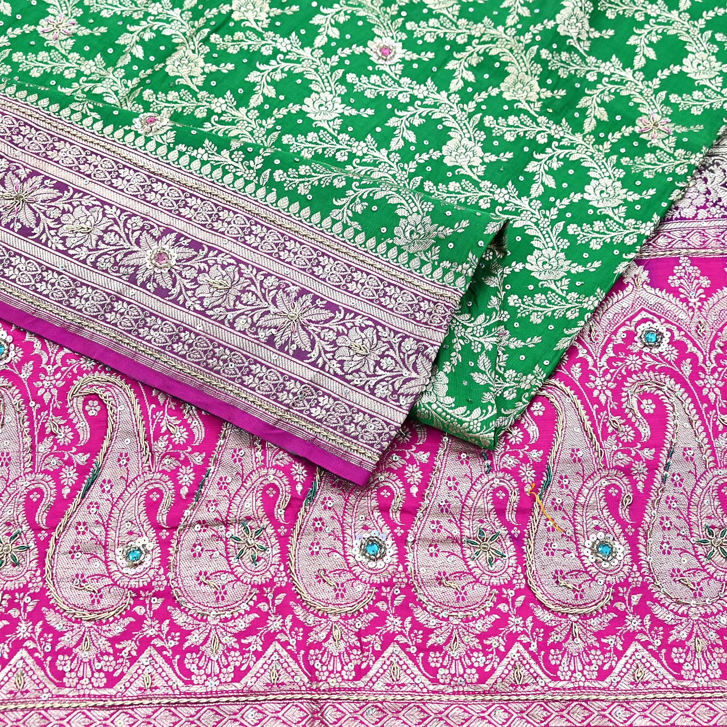 Indian Vintage Heavy Wedding Banarasi Sari 5 Yards Pure Satin Silk Hand-Embroidered Zari, Work Brocade Craft Fabric for Dressmaking