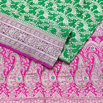 Indian Vintage Heavy Wedding Banarasi Sari 5 Yards Pure Satin Silk Hand-Embroidered Zari, Work Brocade Craft Fabric for Dressmaking