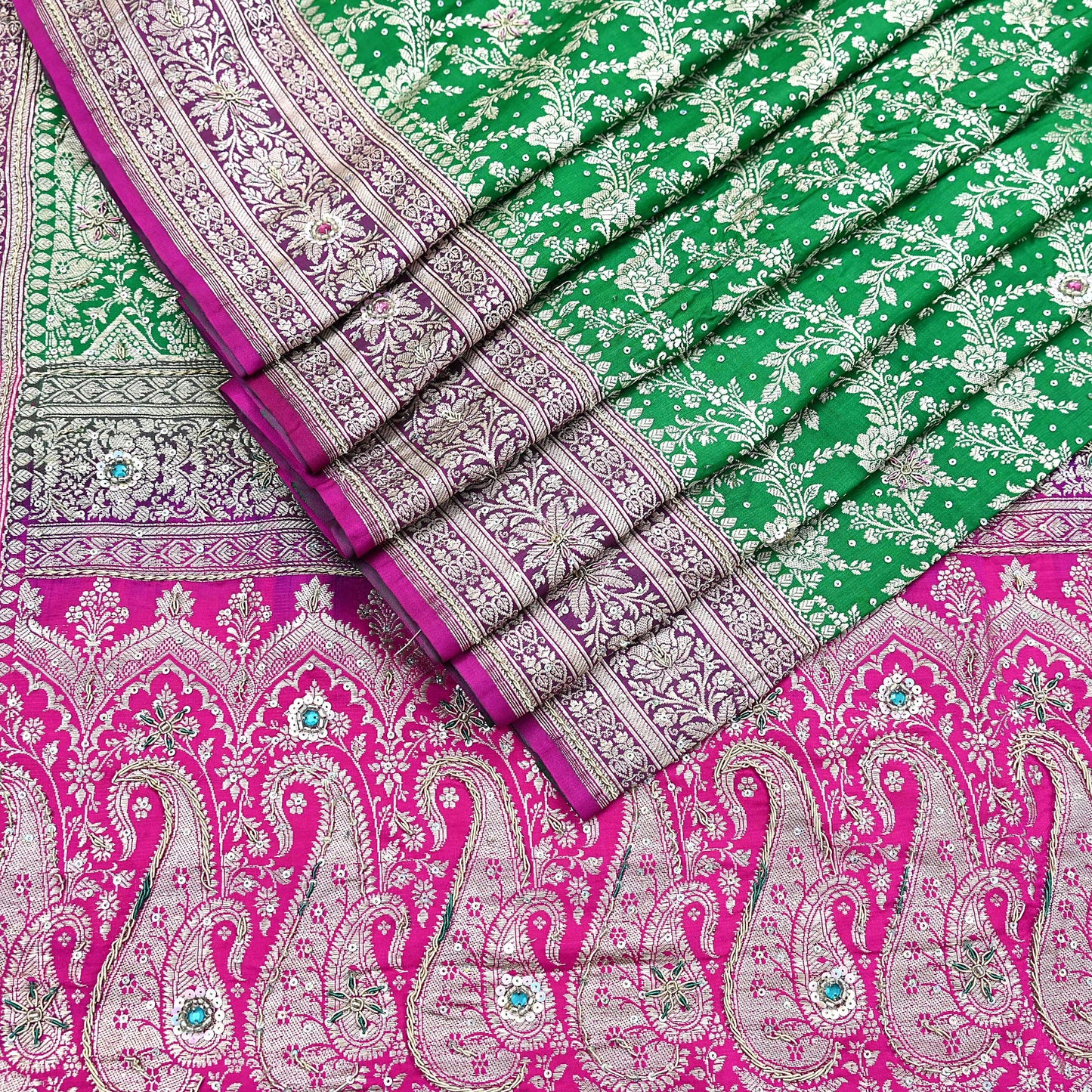 Indian Vintage Heavy Wedding Banarasi Sari 5 Yards Pure Satin Silk Hand-Embroidered Zari, Work Brocade Craft Fabric for Dressmaking