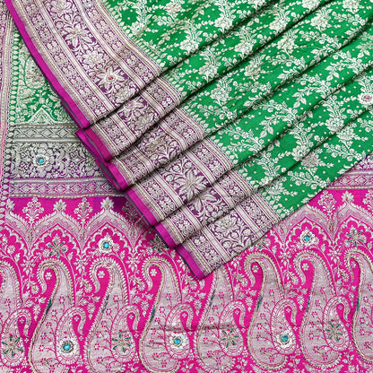 Indian Vintage Heavy Wedding Banarasi Sari 5 Yards Pure Satin Silk Hand-Embroidered Zari, Work Brocade Craft Fabric for Dressmaking