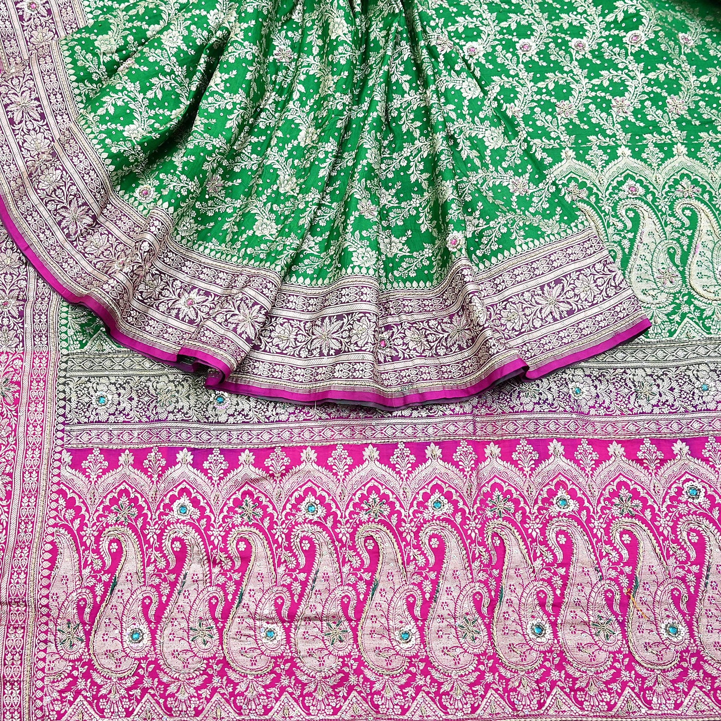 Indian Vintage Heavy Wedding Banarasi Sari 5 Yards Pure Satin Silk Hand-Embroidered Zari, Work Brocade Craft Fabric for Dressmaking