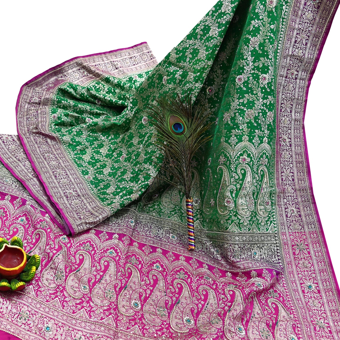 Indian Vintage Heavy Wedding Banarasi Sari 5 Yards Pure Satin Silk Hand-Embroidered Zari, Work Brocade Craft Fabric for Dressmaking