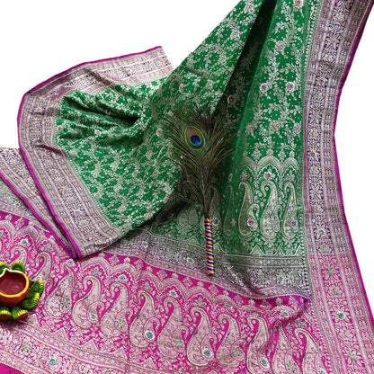 Indian Vintage Heavy Wedding Banarasi Sari 5 Yards Pure Satin Silk Hand-Embroidered Zari, Work Brocade Craft Fabric for Dressmaking