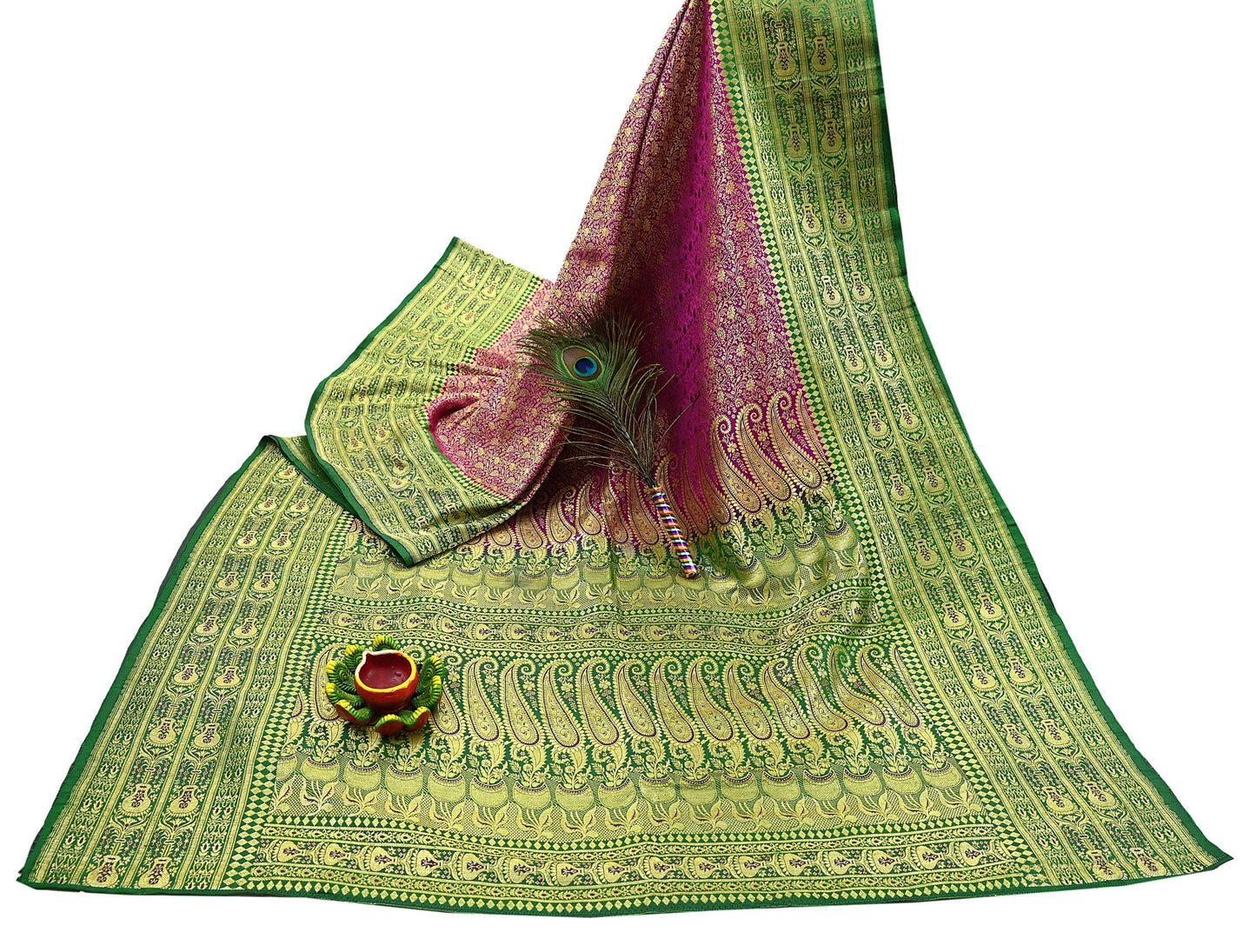 Vintage Banarasi Silk Saree Rani Pink Green Heavy Satin Silk Brocade Fabric Golden Zari Bridal Wedding Crafting 5 Yard