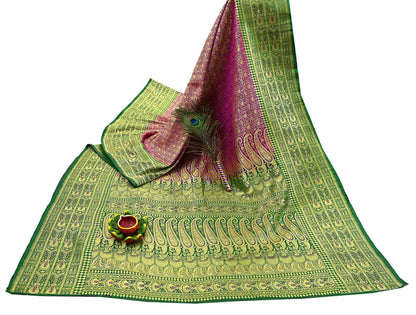 Vintage Banarasi Silk Saree Rani Pink Green Heavy Satin Silk Brocade Fabric Golden Zari Bridal Wedding Crafting 5 Yard