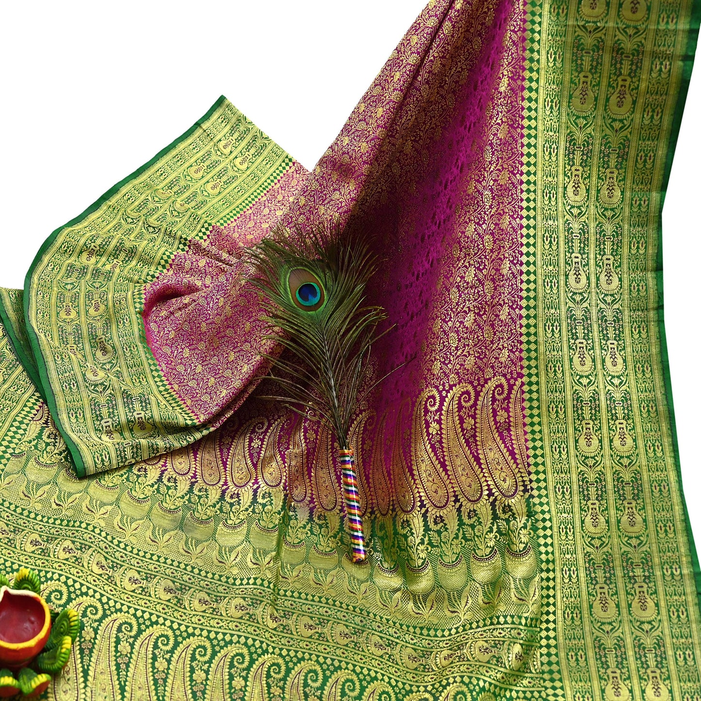 Vintage Banarasi Silk Saree Rani Pink Green Heavy Satin Silk Brocade Fabric Golden Zari Bridal Wedding Crafting 5 Yard