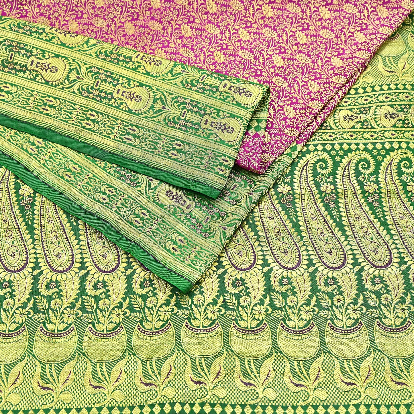 Vintage Banarasi Silk Saree Rani Pink Green Heavy Satin Silk Brocade Fabric Golden Zari Bridal Wedding Crafting 5 Yard