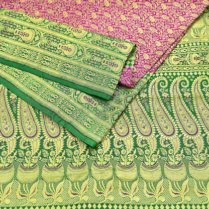 Vintage Banarasi Silk Saree Rani Pink Green Heavy Satin Silk Brocade Fabric Golden Zari Bridal Wedding Crafting 5 Yard