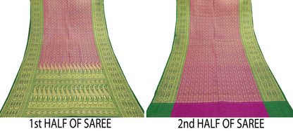 Vintage Banarasi Silk Saree Rani Pink Green Heavy Satin Silk Brocade Fabric Golden Zari Bridal Wedding Crafting 5 Yard